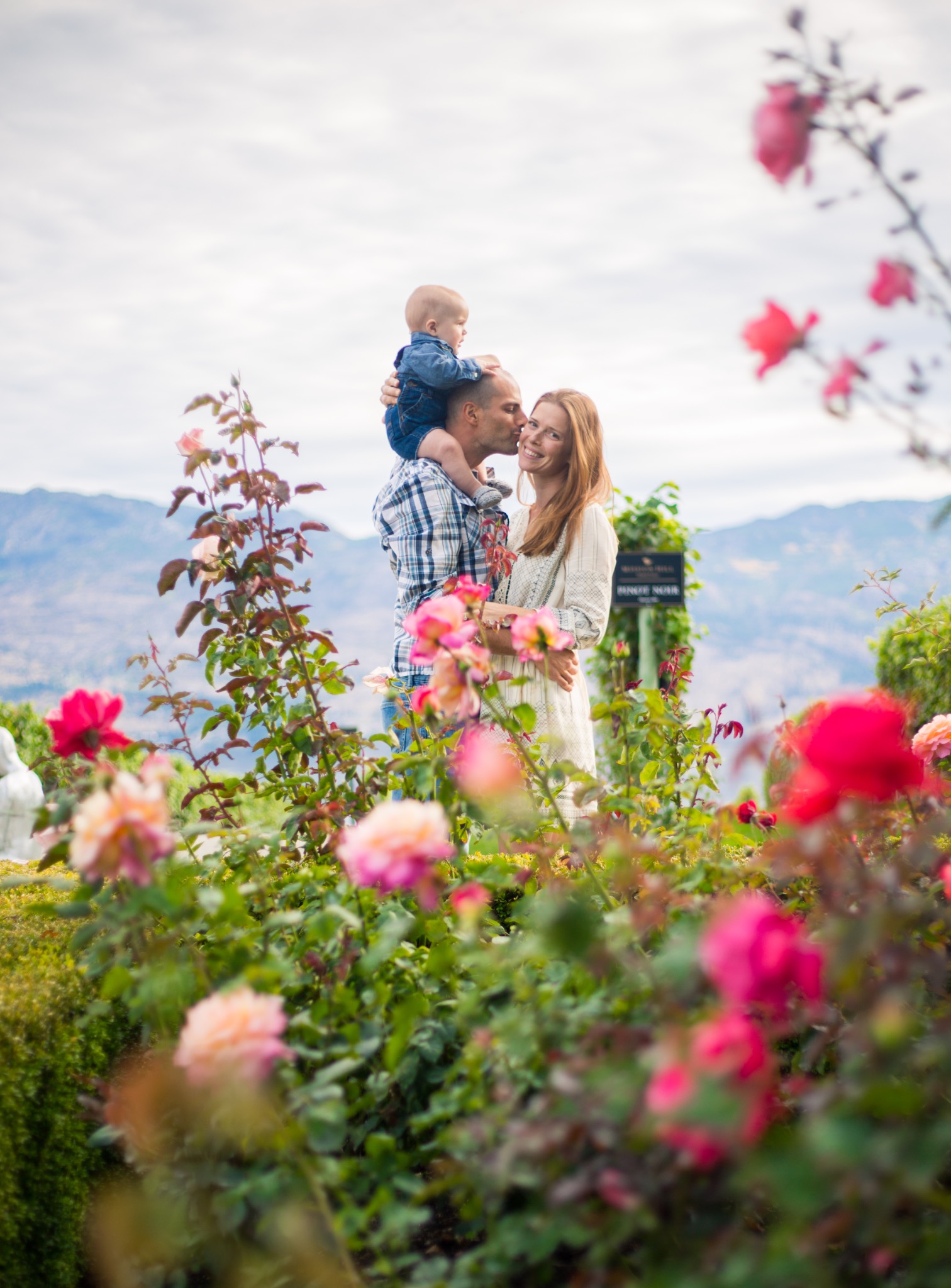 Parents and their baby sharing a happy moment in a rose garden with mountains in the background