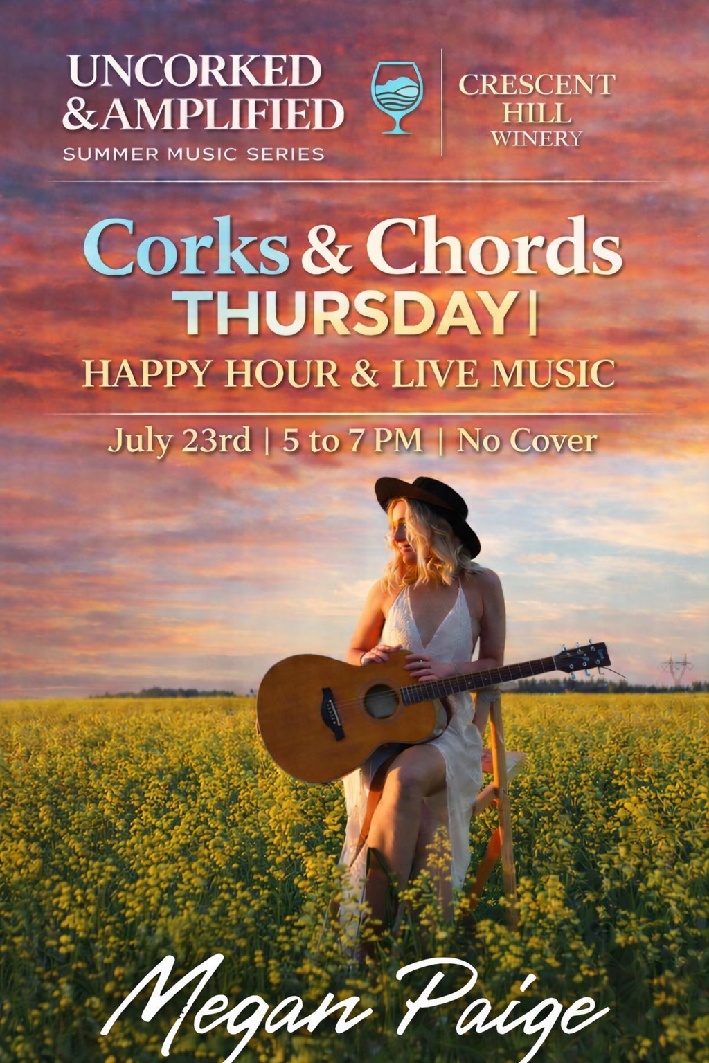 Megan Paige Corks and Chords live music event poster for Crescent Hill Winery in Penticton, British Columbia