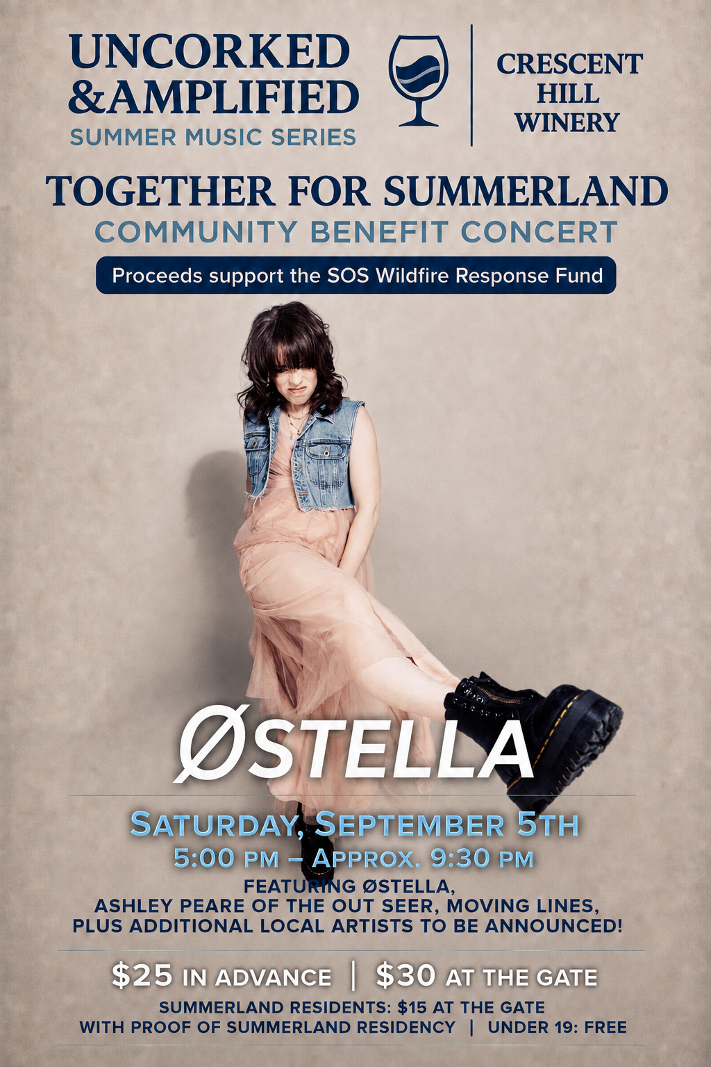 Together for Summerland benefit concert promotional poster featuring ØSTELLA at Crescent Hill Winery supporting the SOS Wildfire Response Fund