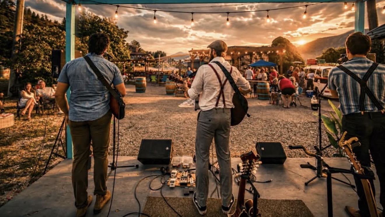 View from behind a live band performing at a sunset outdoor event with string lights, audience and mountains in the background