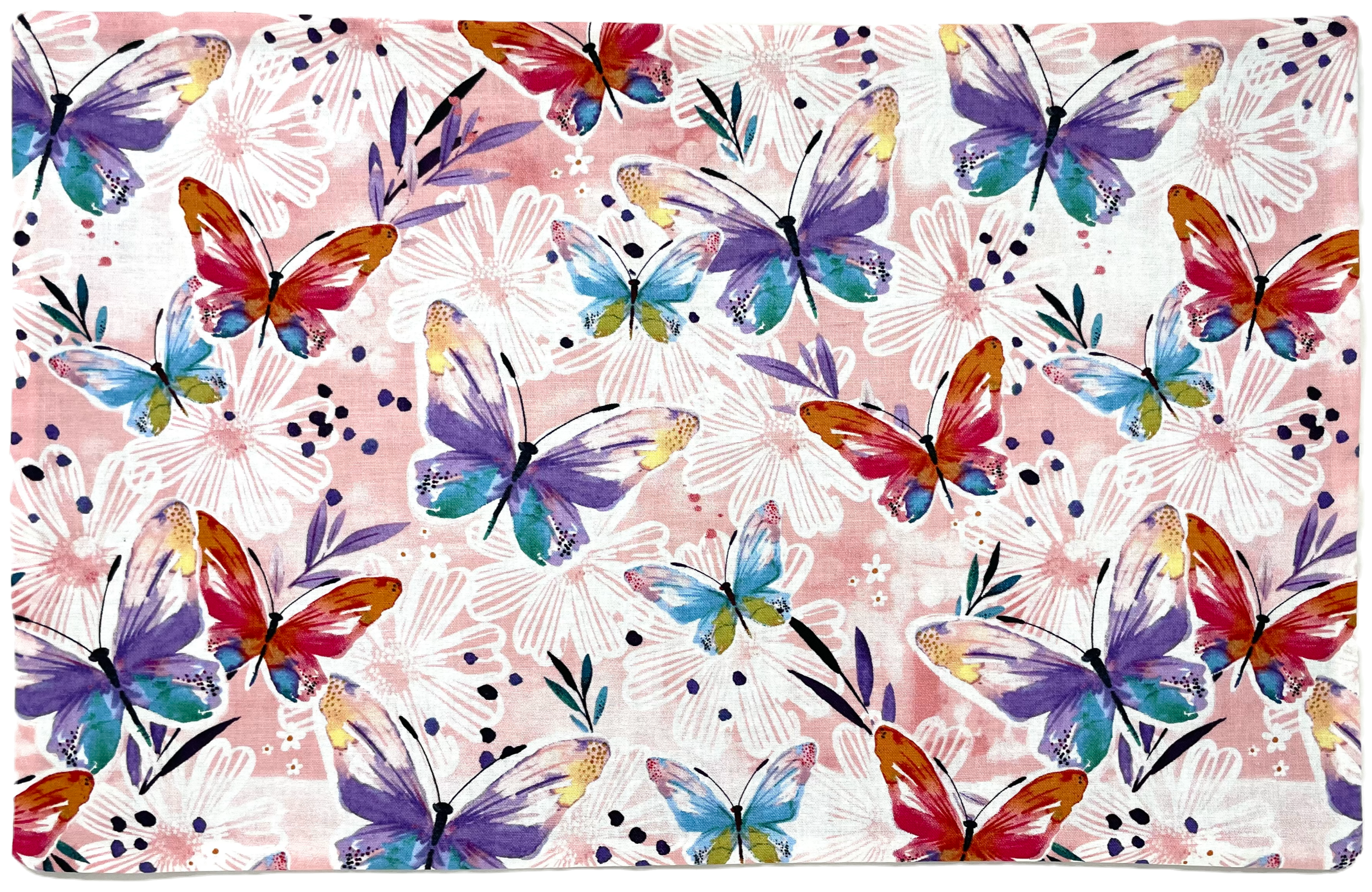 Butterflies on Pink - Cotton Flat Pad features colorful butterflies on a floral background.