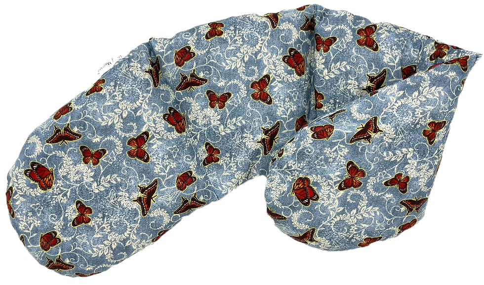 Red Butterflies - Cotton NeckWrap on blue floral fabric, Soothies of Montana.