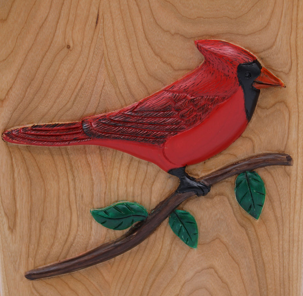 Miniature : hand- carved red cardinal wooden cremation urn- close up