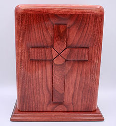 carved cross cremation urn cherry wood close up front panel
