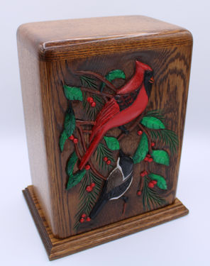 carved red cardinal with black cap chickadee cremation urn ,memorial urn