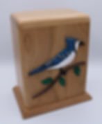 hand carved blue jay wooden cremation urn