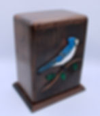 hand carved blue jay wooden cremation urn side
