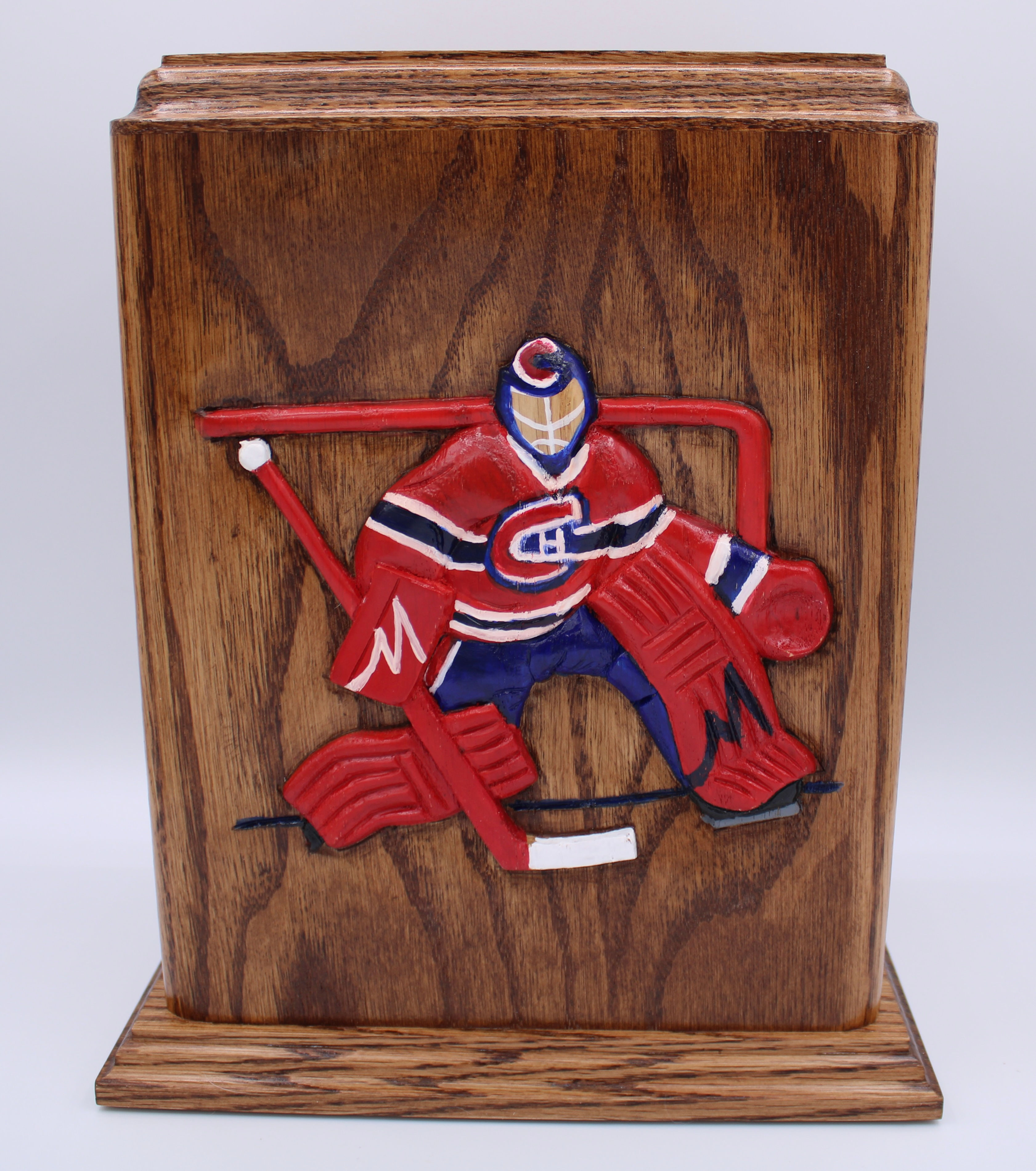 Montreal carved hockey goalie carved in oak wood