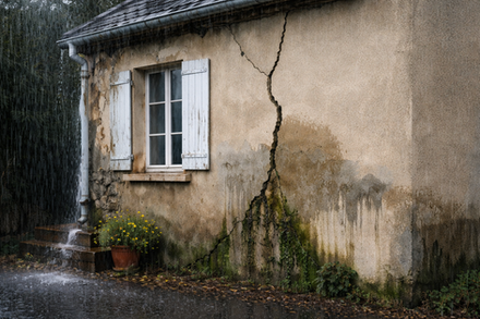 Façade de maison dans le Gard avec légère fissure et traces d’humidité, illustrant un problème d’étanchéité des murs.