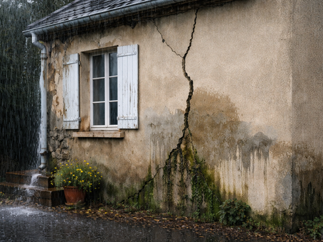 Façade de maison dans le Gard avec légère fissure et traces d’humidité, illustrant un problème d’étanchéité des murs.