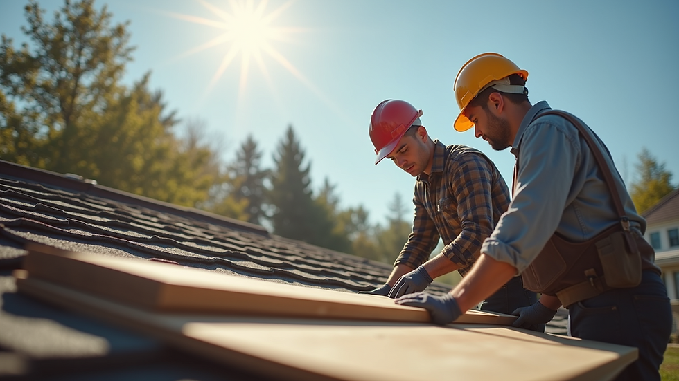 Two construction workers in hard hats install wooden panels on a roof under the sun. Background has trees and clear blue sky.