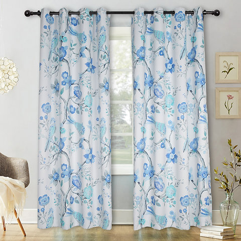 Livetty Curtains Digital Printing White And Blue Tree Flower Bird