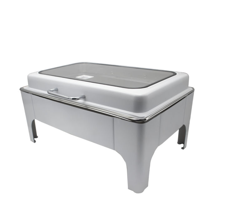 Réchaud rectangulaire blanc avec fenêtre supérieure.