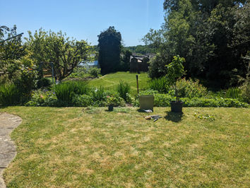 This is the garden in late Spring. Pre-existing and newly introduced plants in the bed are growing wonderfully, and the grass in the lower part of the garden has been left to begin create a meadow, with paths mown though the centre.