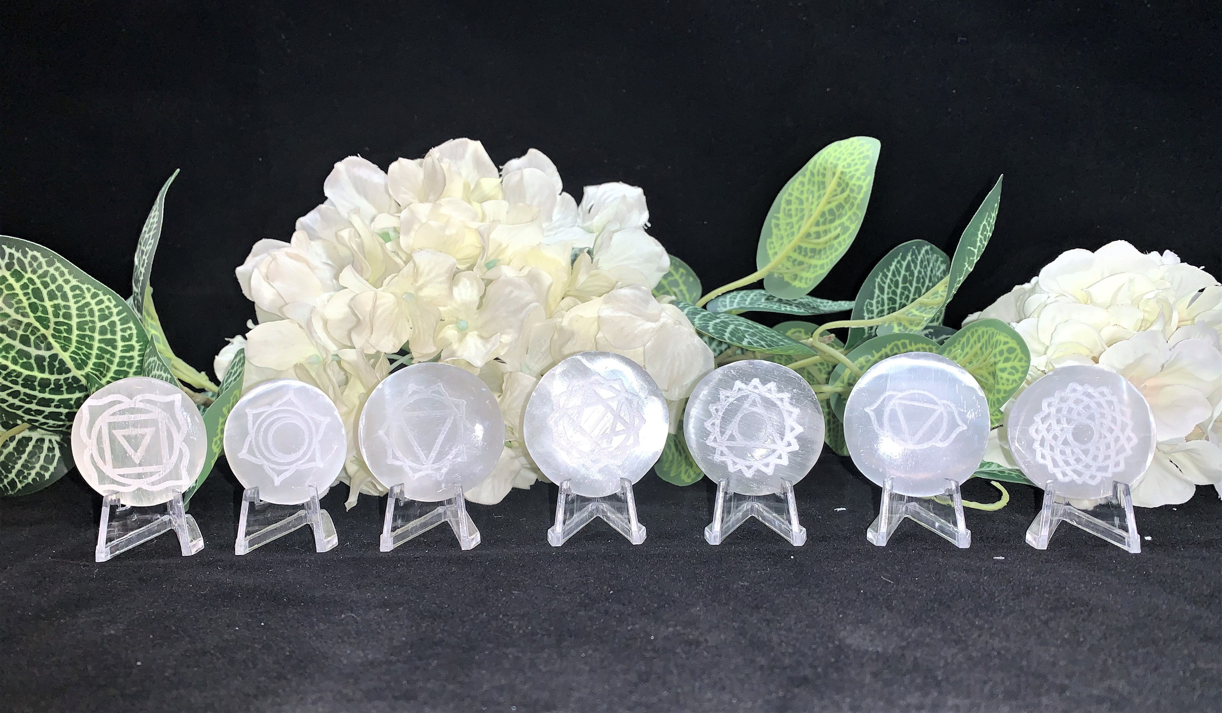 7 Chakra Engraved Selenite Crystal Set