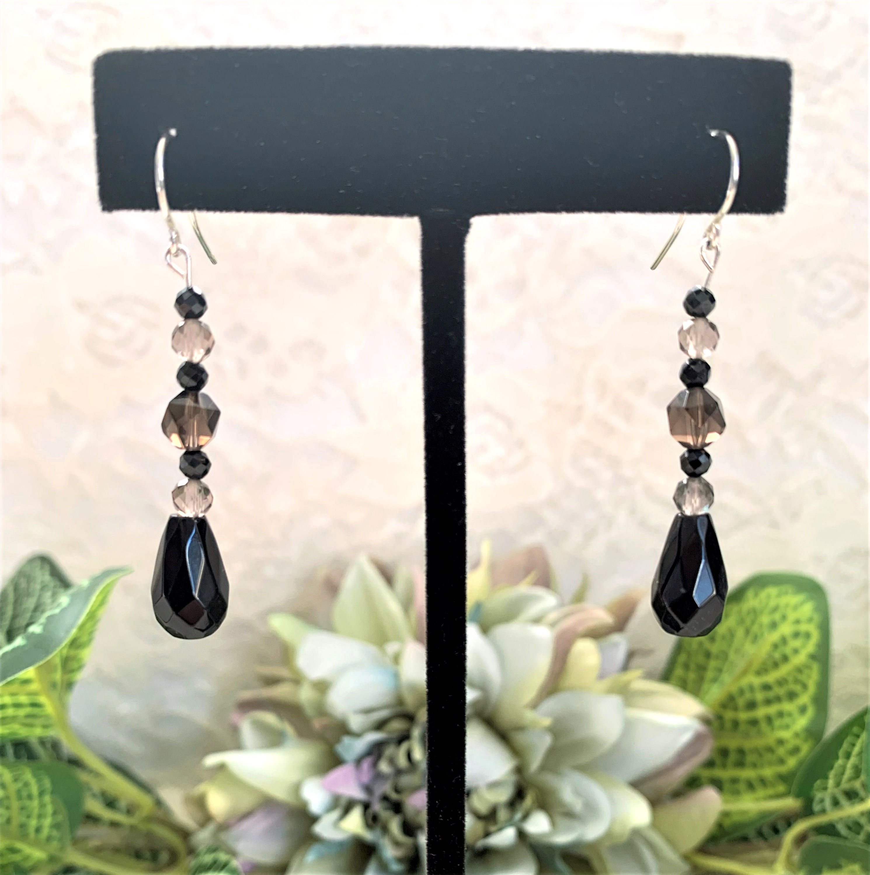 Obsidian, Smoky Quartz & Black Tourmaline- Reiki Infused, Sterling Earrings