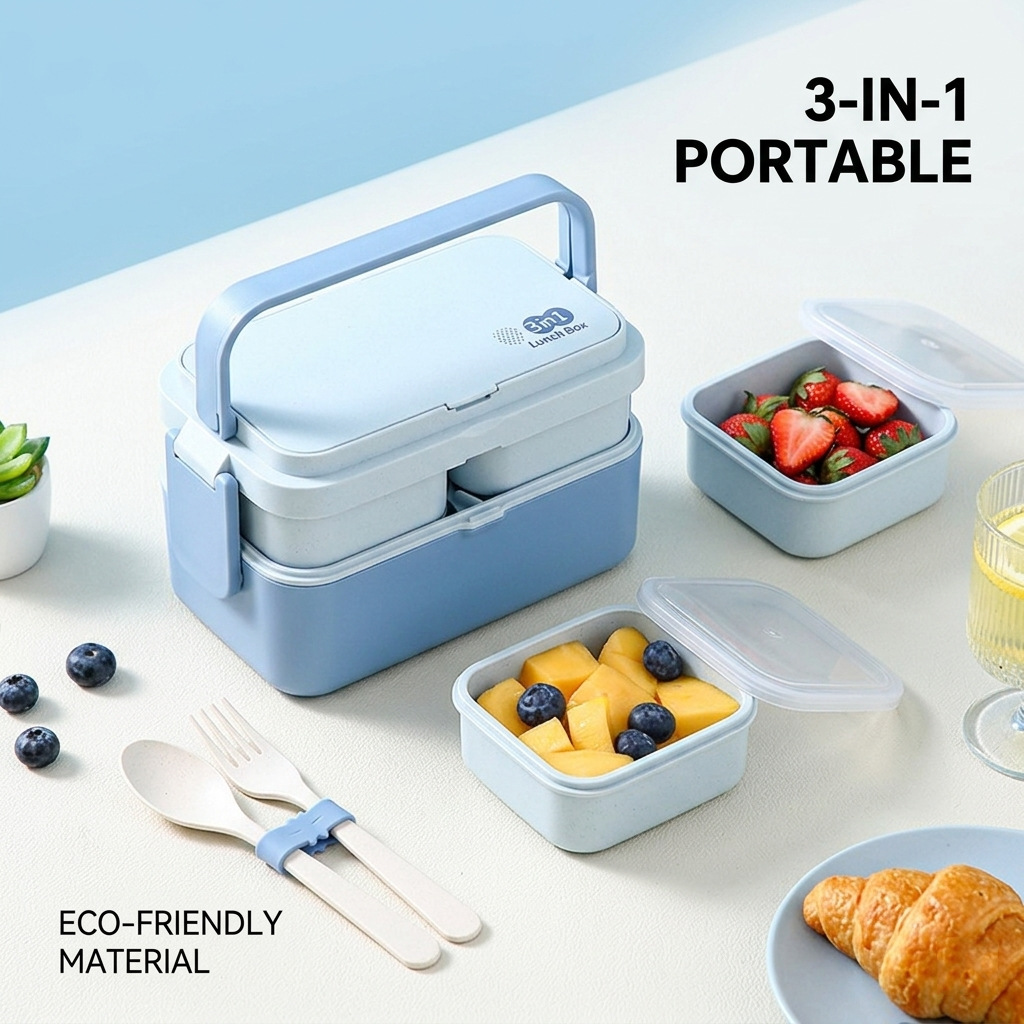 Picnic Lunch Box Bamboo Fiber 3in1 Double Layer Microwavable Bento Box Food Stor