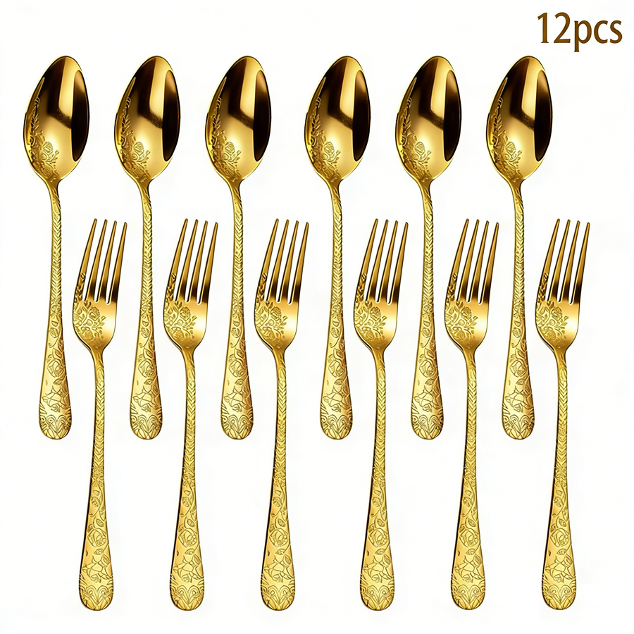 Thumbnail: Set of 4/6/12 pieces of stainless steel 1010 embossed reusable cutlery, includin