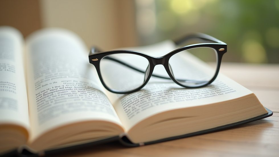 Close-up of an open English book with a pair of glasses on a wooden table