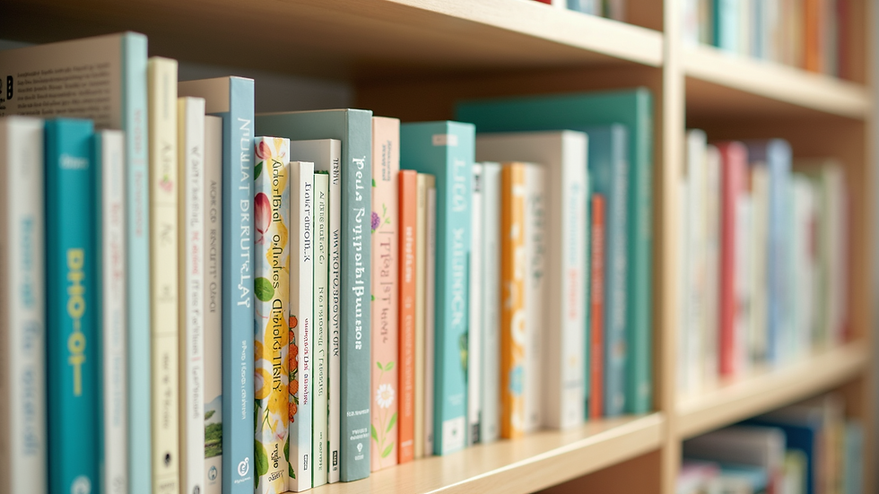 Eye-level view of a colorful bookshelf filled with English learning books