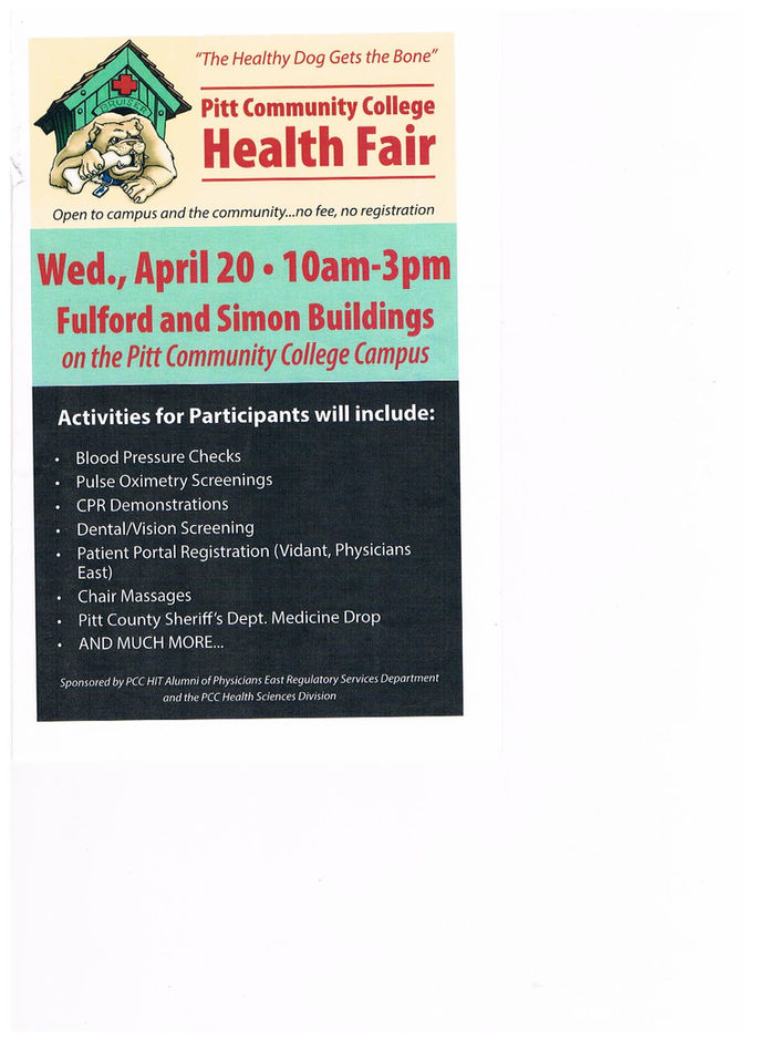 PITT COMMUNITY COLLAGE HEALTH FAIR APRIL 20 2016 10 AM -3PM