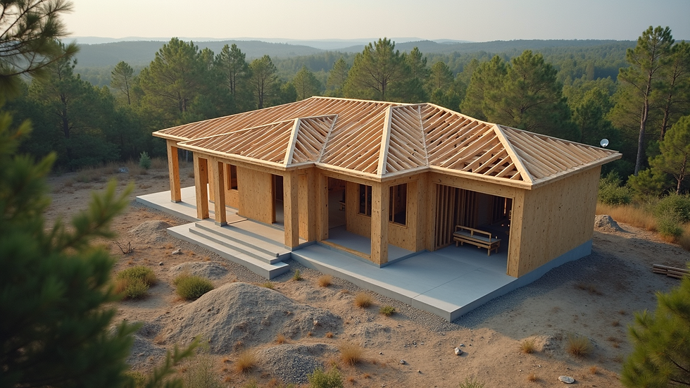 High angle view of a small affordable house under construction