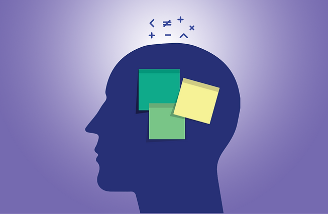 A silhouette profile of a man's head representing a process leader with sticky notes and math graphics floating over and above his head.