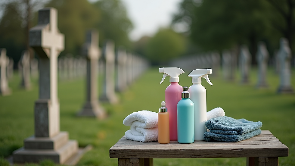 Eye-level view of cleaning supplies arranged on a table near a gravestone
