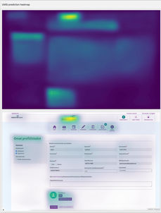 Captured screenshot from a presentation showcasing the analysis of user attention in a form using artificial intelligence. The visual utilizes the UMSI prediction heatmap, offering insights into the patterns and dynamics of user interaction within the interface.