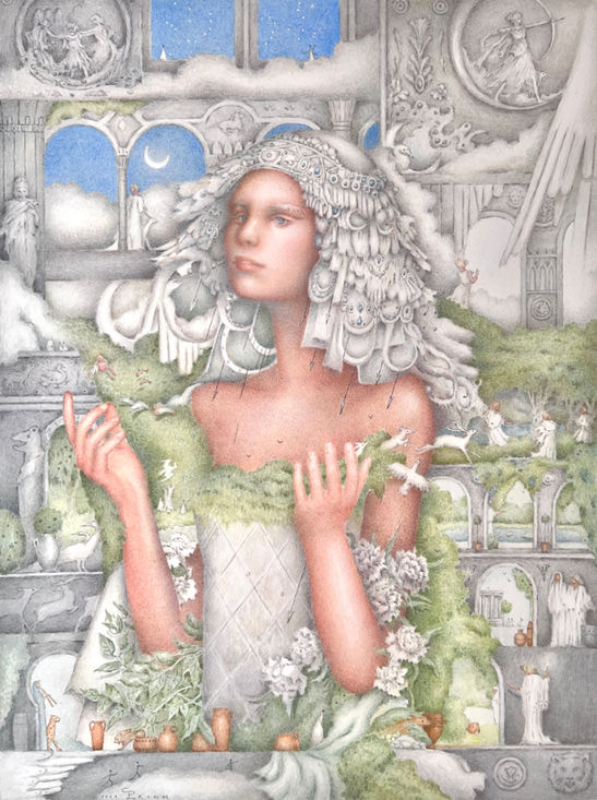 Carolin Leary Prinn, Carolin Prinn, The Islands of Niljora, figurative art, figurative painting, imaginative realism, fantastical realism, surreal painting, surreal art, new contemporary, fantasy artist, figurative artist, symbolic art, symbolism, mythology art, fantasy art, fairytale art, magical world, magic, painting, watercolour painting, mystical art, Modern Eden Gallery, Portrait Show Myth