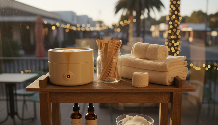 Close-up of neatly arranged waxing supplies and soft towels in a warm salon room.