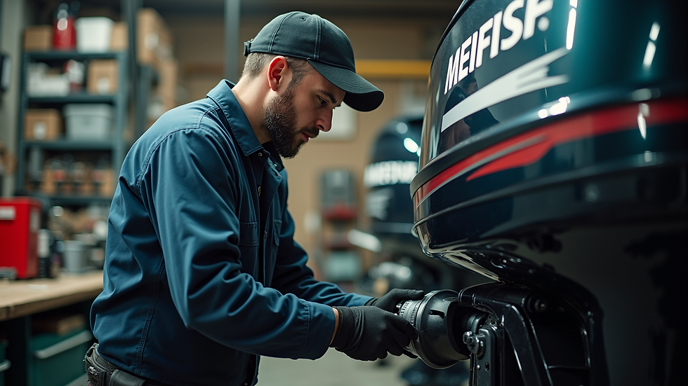 Eye-level view of a mechanic inspecting an outboard motor in a workshop