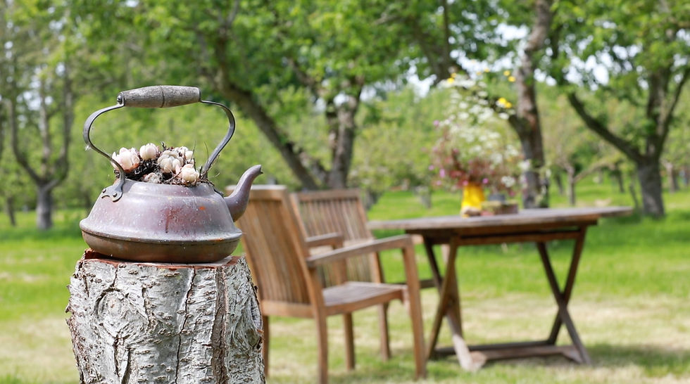 Flowers growing in a antique kettle next to outdoor seating underneath apple trees