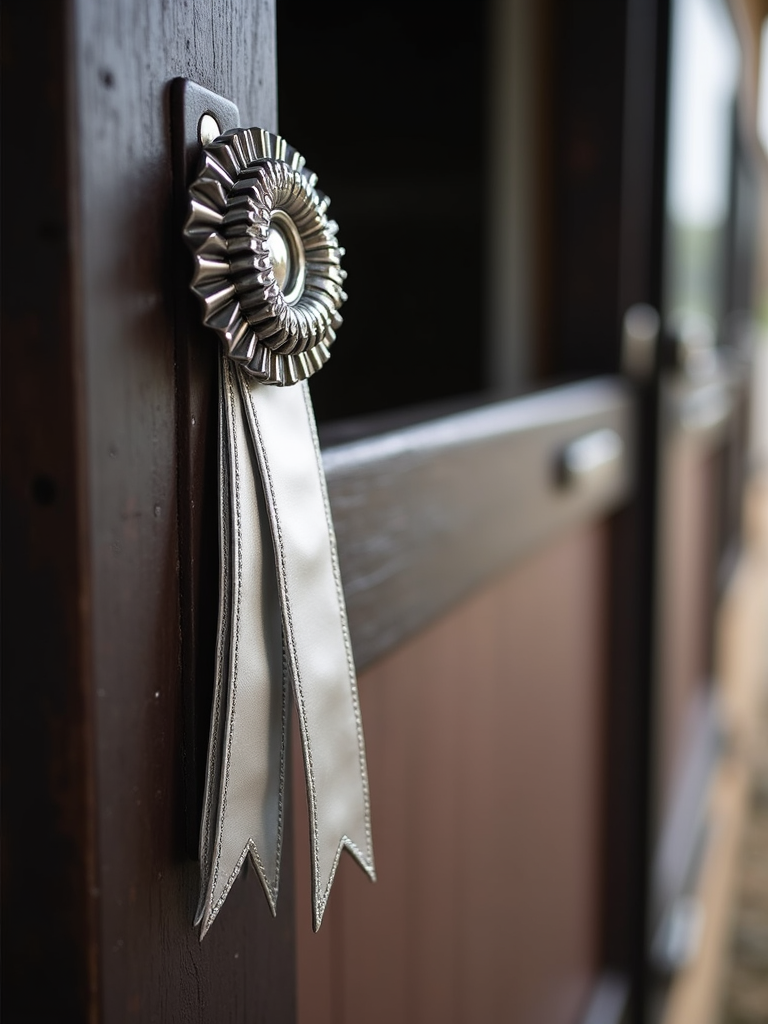 A close-up of shiny silver horse show ribbons hanging on a stable door.