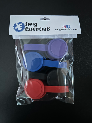 Package of four Swig Essentials resuable bottle caps in a clear package with cardboard header card.