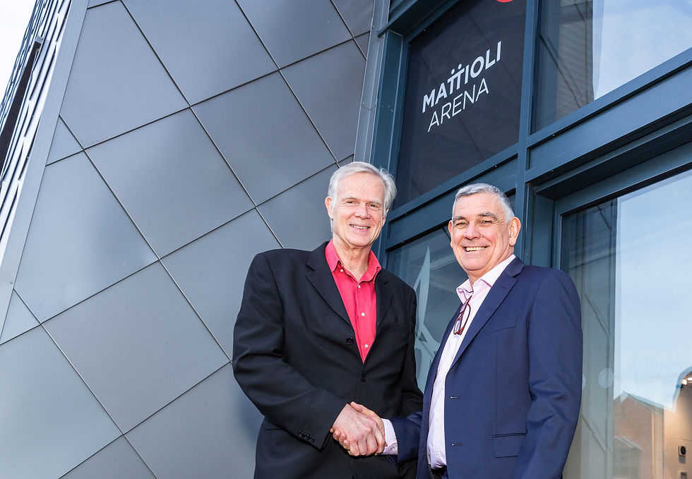 Ian Mattioli MBE shaking hands with Chairman of the Riders Foundation Kevin Routledge, in front of the newly named and branded Mattioli Arena