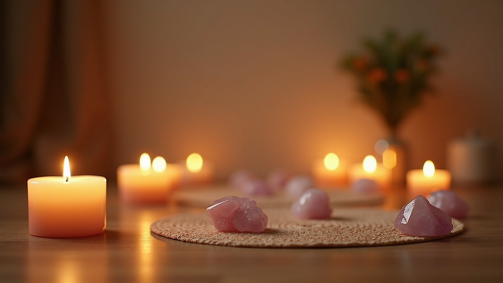 Eye-level view of a serene meditation space with candles and crystals