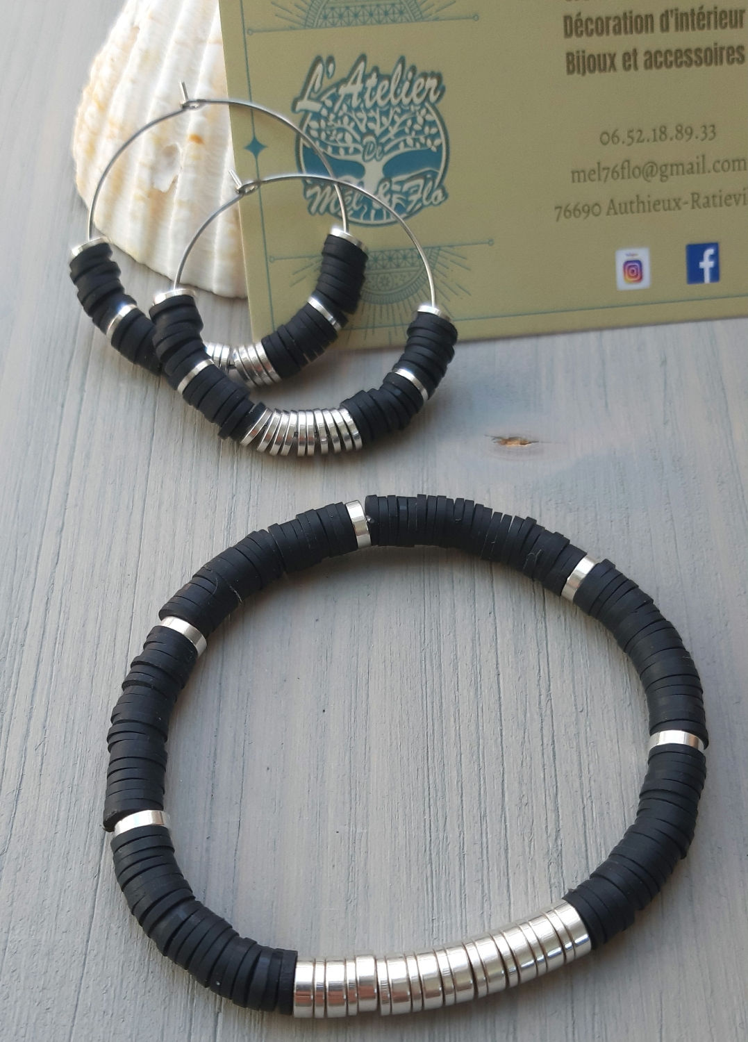 Parure heishi et hematite argentée coloris au choix (réf: AMF89)