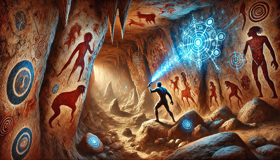 A cave painting of a man shining a flow code onto the wall, symbolizing the ancestral roots of modern flow state.