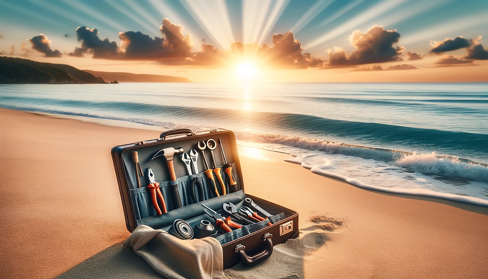 Serene beach scene at sunrise with a briefcase and hand tools laid on the sand, symbolizing the release of overwork burden cost and embracing new beginnings.