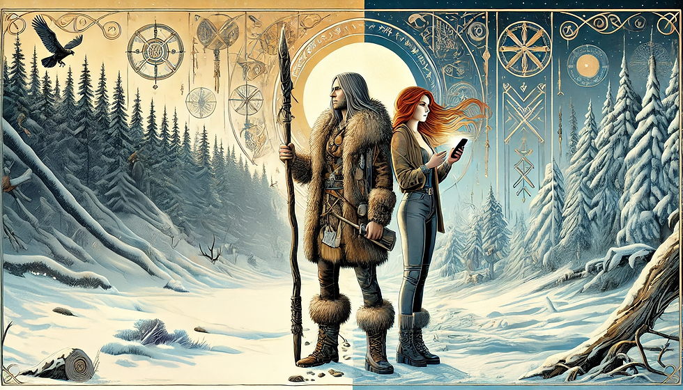 A huntress tracking game in a snowy winter landscape, symbolic of ancient survival.
