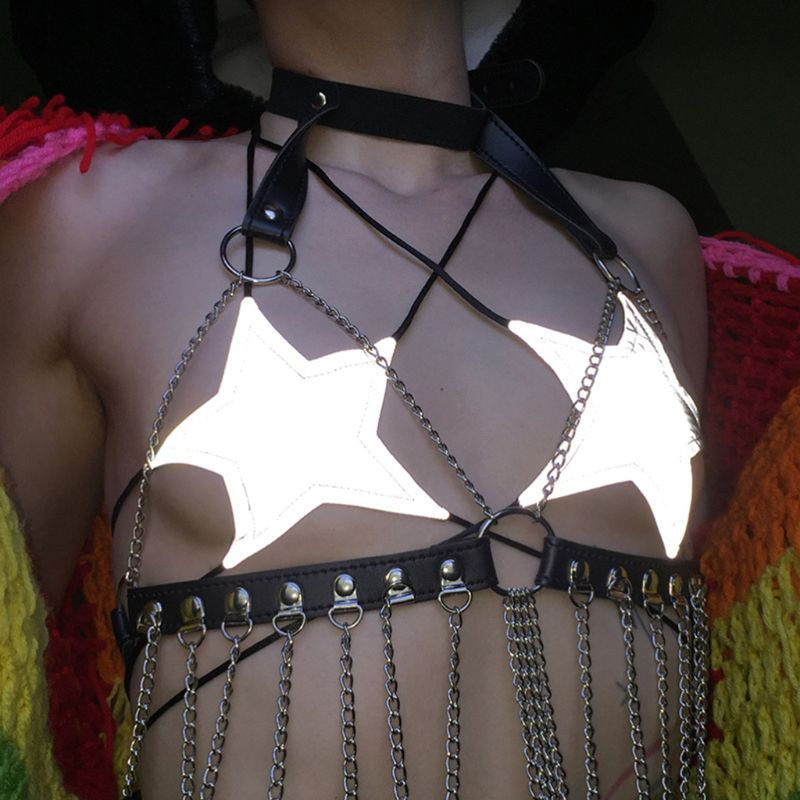 Miniatura: Sutiã reflexivo estrela de cinco pontas, sexy, feminino, com glitter, metálico, 