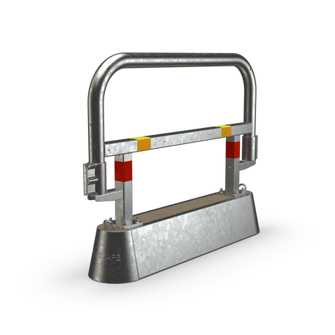 Switchable barrier in for temporary road works. Hot-dip galvanized railings and concrete foundations.