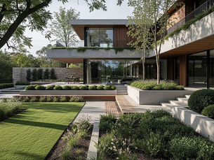 Modern landscape design in Kew with tiered garden levels, structured planting and contemporary architecture