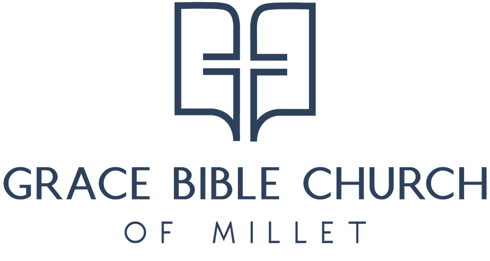 Logo for Grace Bible Church of Millet with an icon of a bible and a cross above the text.