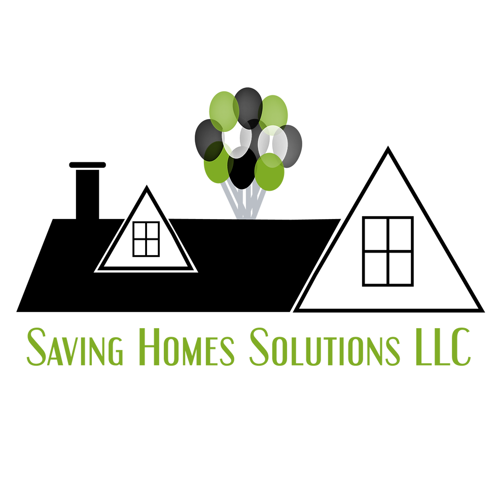 Logo for Saving Homes Solutions LLC, with an icon of the roof of a house and  bunch of realtor balloons at the top, above the text.