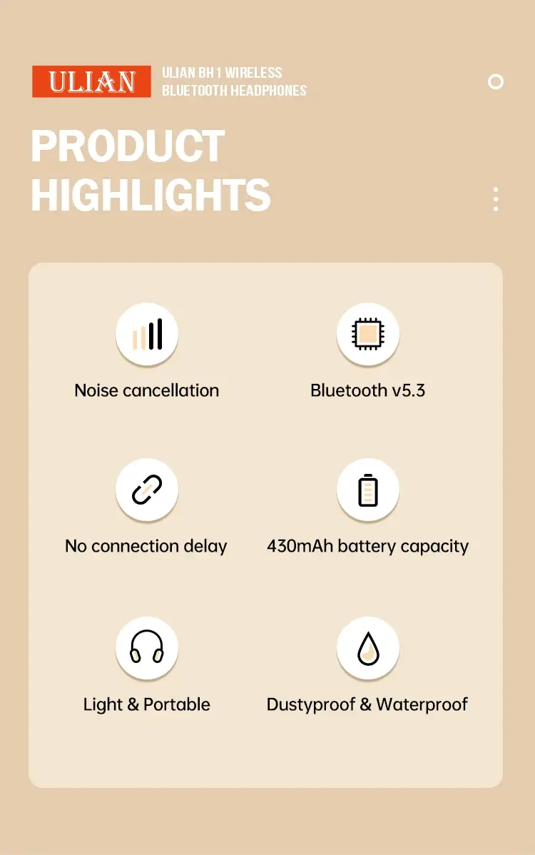 Thumbnail: Product highlights: Noise cancellation, Bluetooth v5.3, no connection delay, 430mAh battery capacity