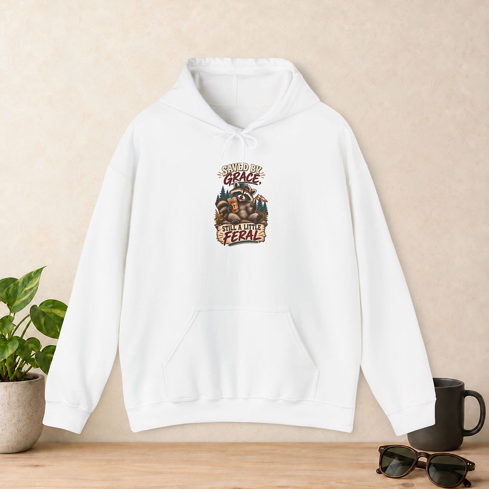 Saved by Grace Still Feral Christian raccoon hoodie in White - Gildan 18500 hoodie (view 1)