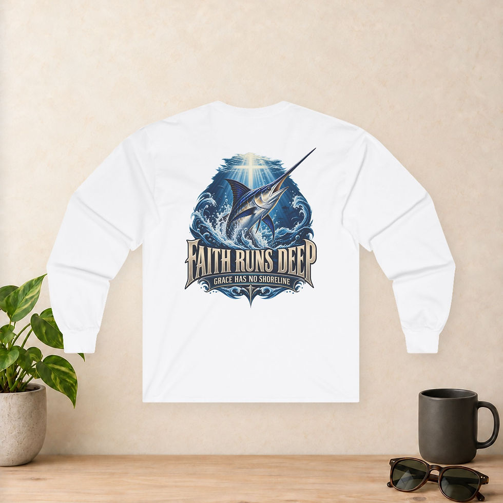 Back of white long sleeve T-shirt with marlin artwork and the words Faith Runs Deep