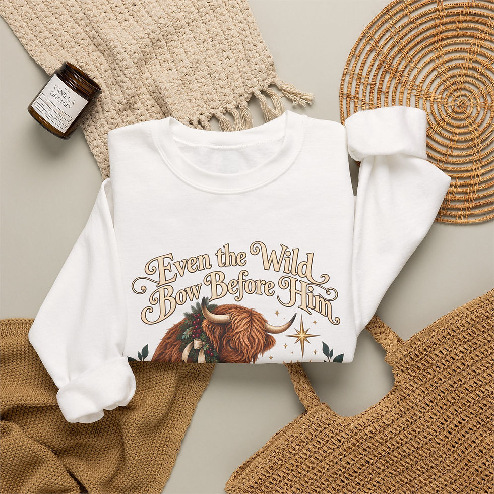 Thumbnail: Even the Wild Bow Before Him Christian Highland Cow nativity sweatshirt in White - Gildan 18000 crewneck (view 4)